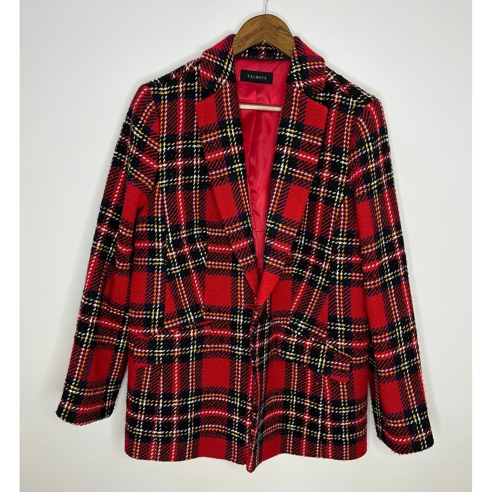 Talbots Snowstorm Plaid Blazer Red Tweed Wool Blend Flap Pockets Tartan Preppy - Picture 2 of 12
